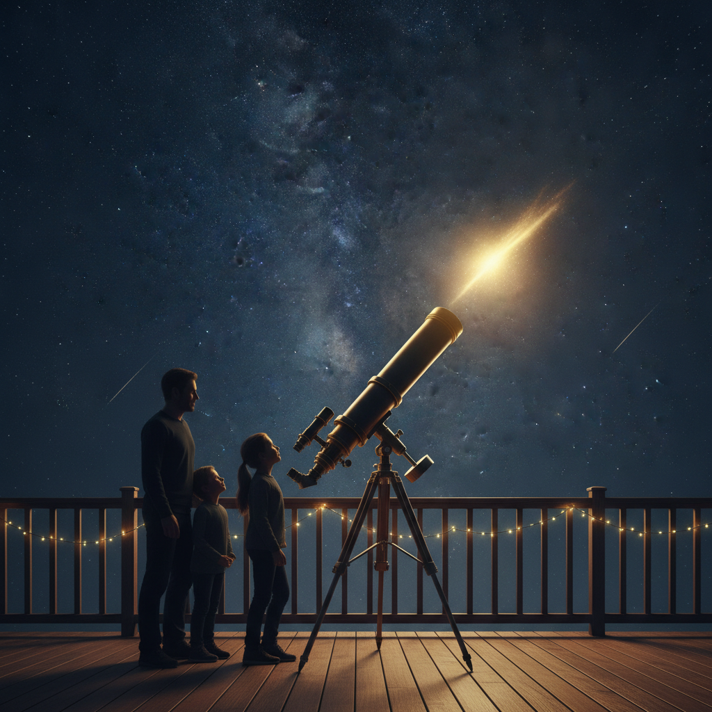 Silhouette d'un instrument optique orienté vers un disque argenté dans le ciel nocturne
