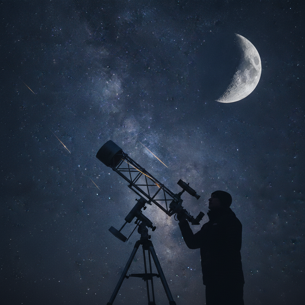 Un observateur passionné scrutant l'immensité céleste aux côtés de son instrument d'optique