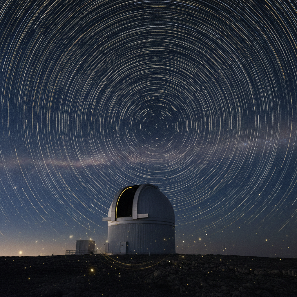 Vue minimaliste de structures métalliques pointant vers une voûte céleste parsemée de constellations lointaines