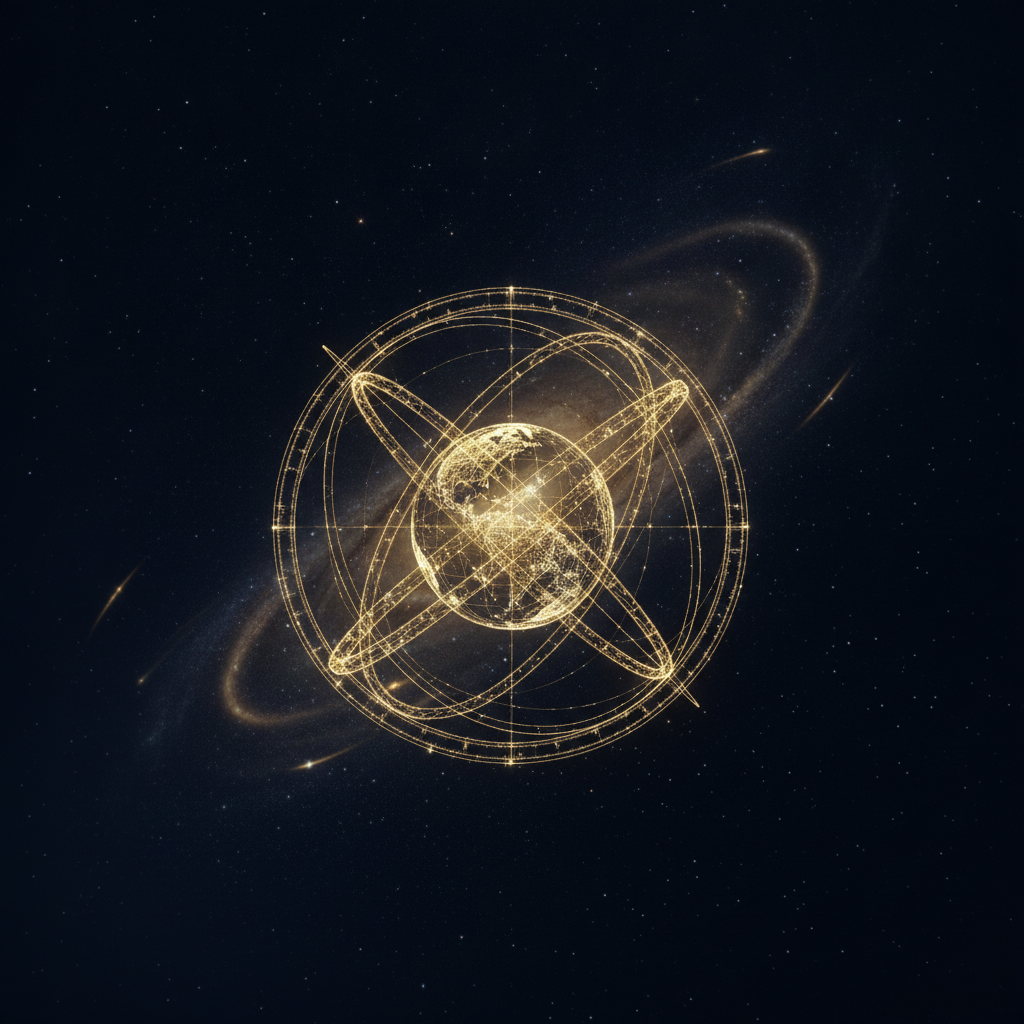 Représentation graphique stylisée d'un cercle céleste et de repères de navigation nocturne